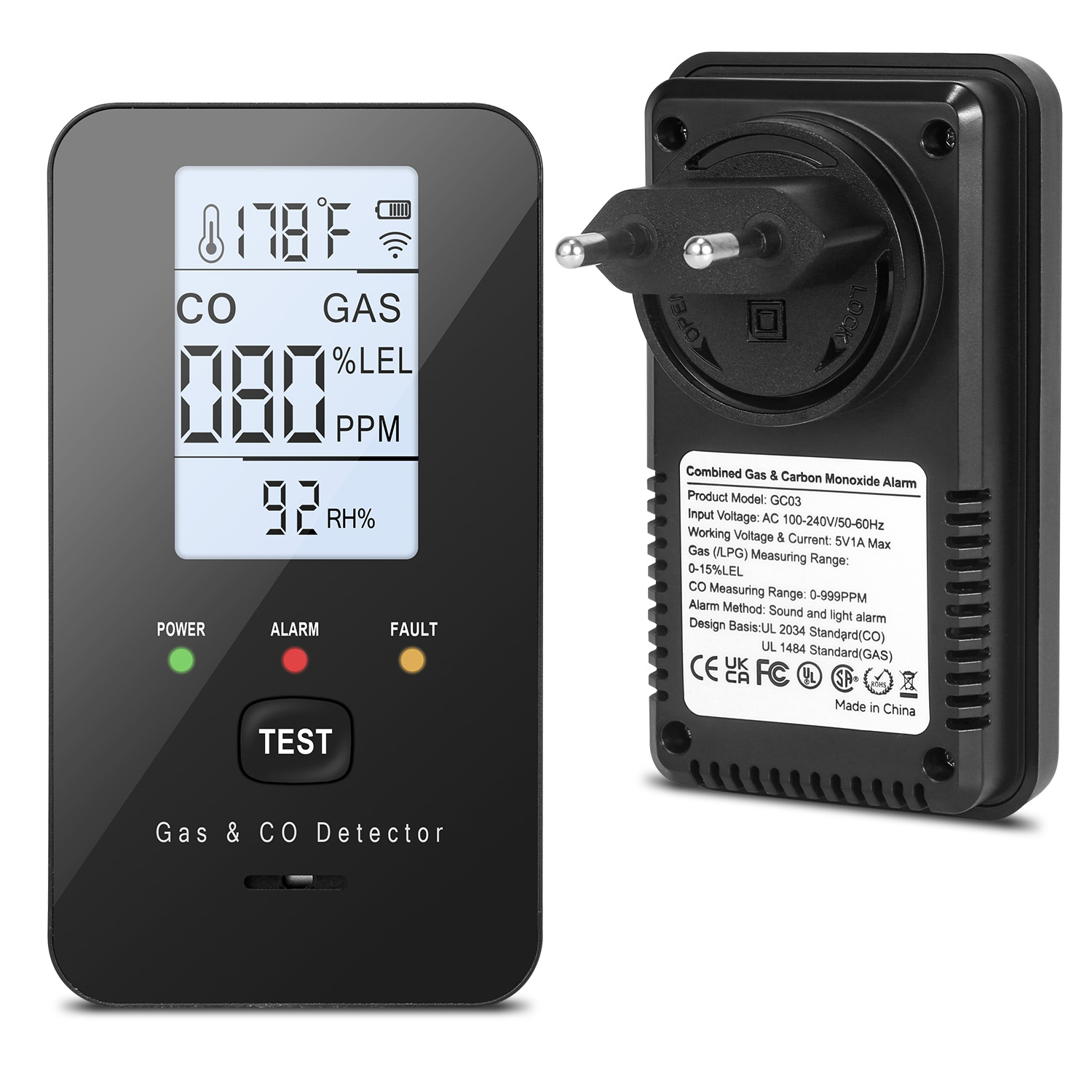 Home Cooking Gas - Combinatie aardgasdetector en koolmonoxidedetector, 4-in-1 koolmonoxidemelder,