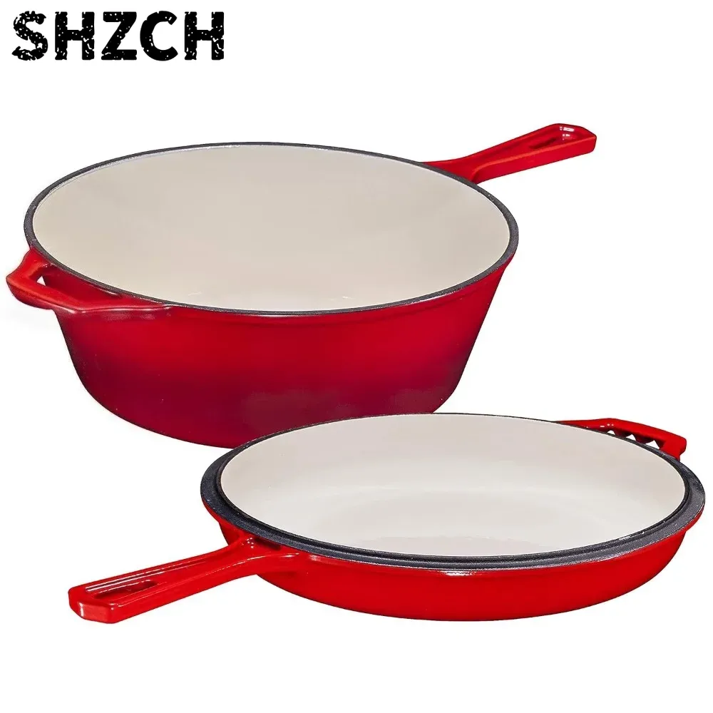 Dutch Oven Enamel - 2-in-1 gietijzeren emaille oven met deksel,